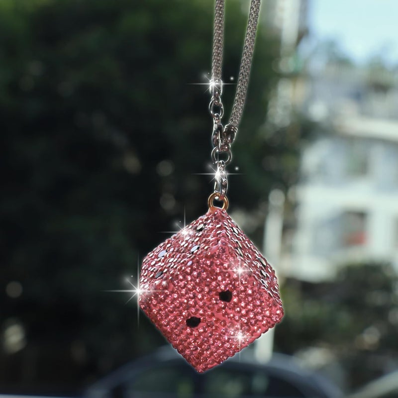 MOTOFITOOL Creative Hanging Dice with Dots Car Rearview Mirror Charm, Bling Car Charm, Rear View Mirror Accessories, Stylish Auto Interior Decor(Pink) - Image 1
